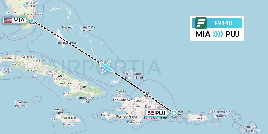 F9140 Frontier Airlines Flight Map: Miami to Punta Cana