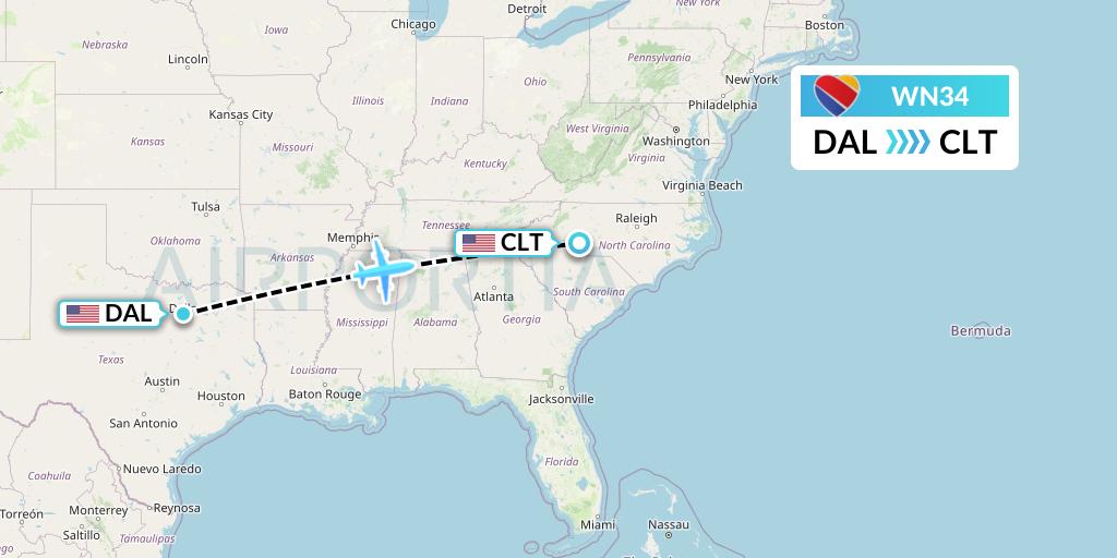 WN34 Southwest Airlines Flight Map: Dallas to Charlotte