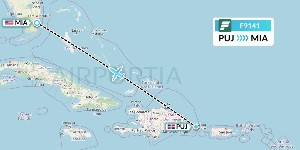 F9141 Frontier Airlines Flight Map: Punta Cana to Miami