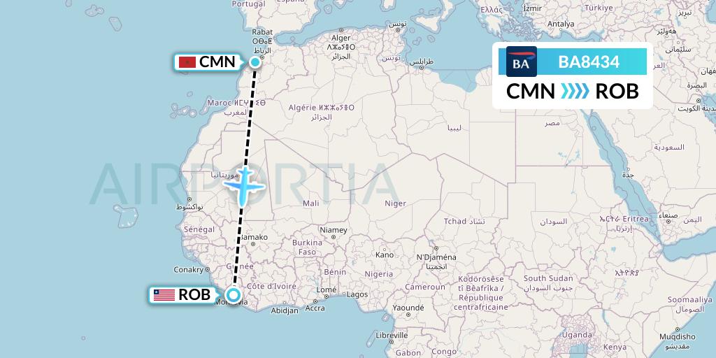 BA8434 British Airways Flight Map: Casablanca to Monrovia