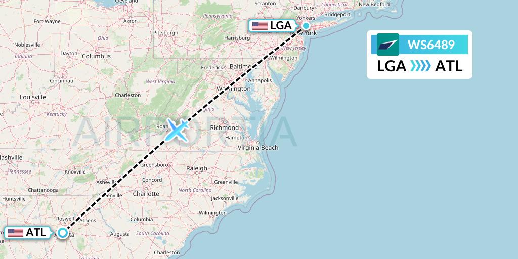 WS6489 WestJet Flight Map: New York to Atlanta