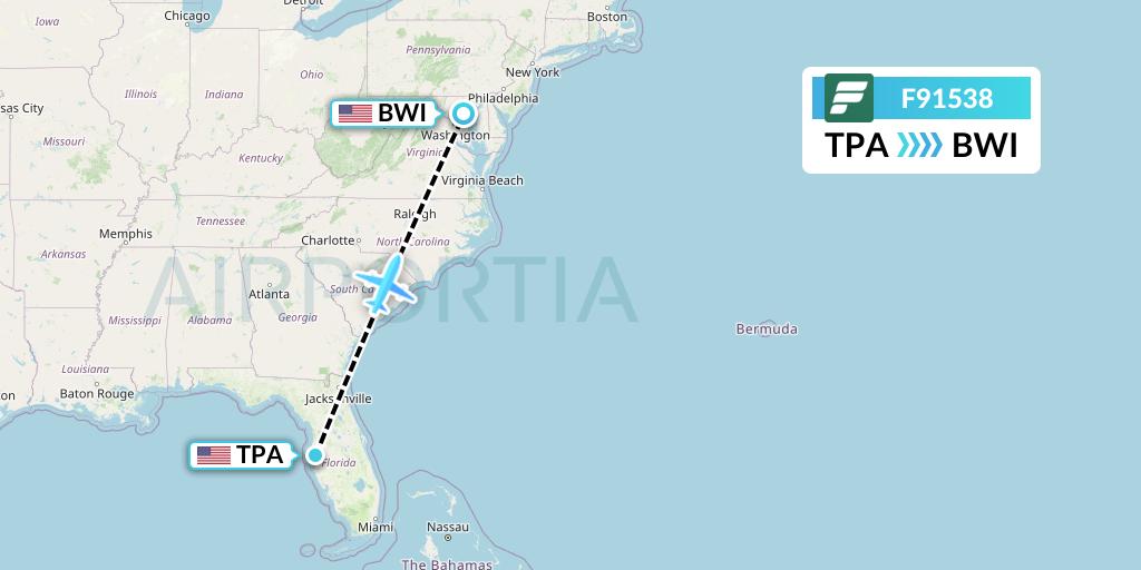 F91538 Frontier Airlines Flight Map: Tampa to Baltimore