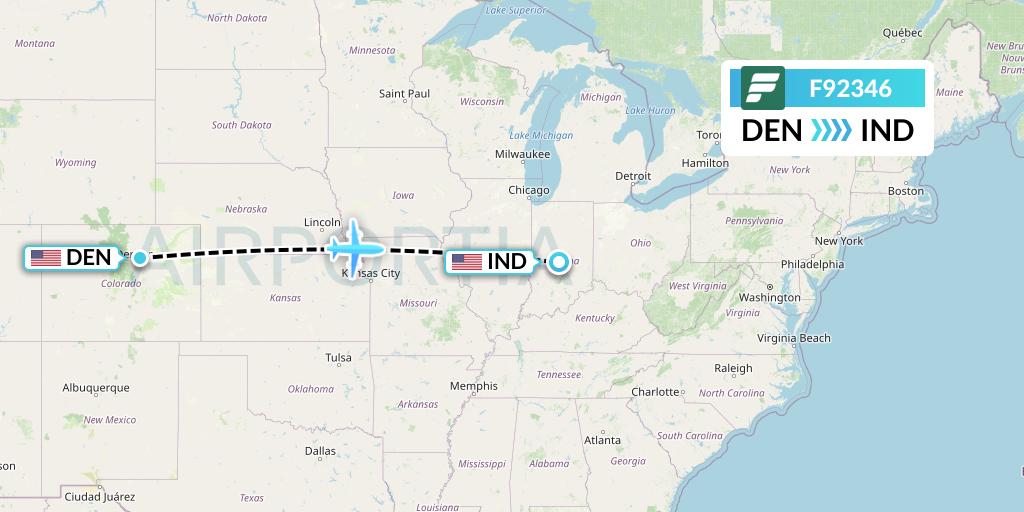 F92346 Frontier Airlines Flight Map: Denver to Indianapolis