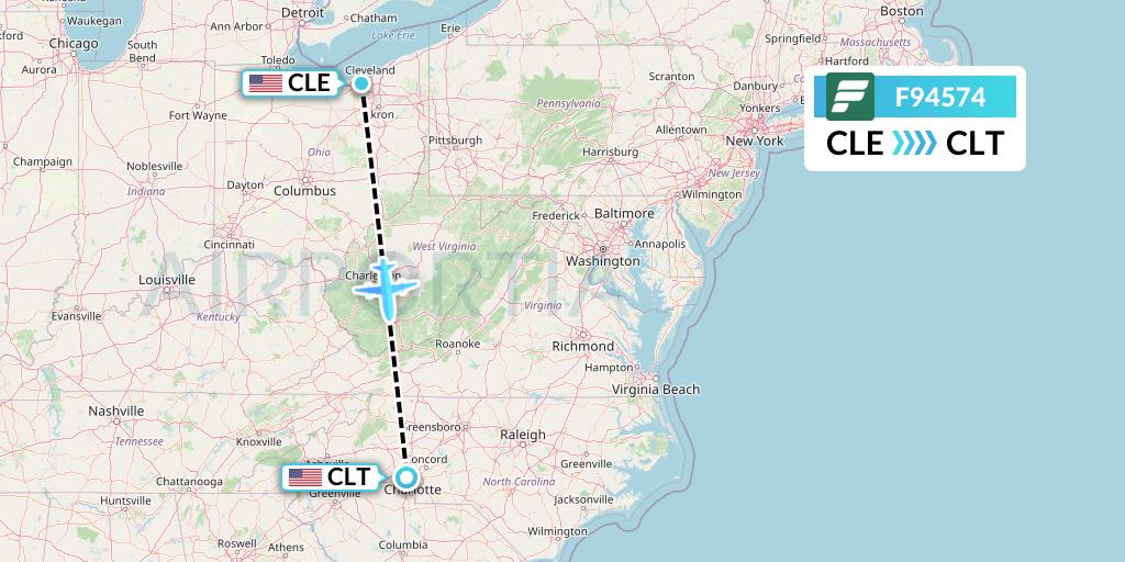 F94574 Frontier Airlines Flight Map: Cleveland to Charlotte