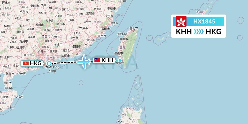HX1845 Hong Kong Airlines Flight Map: Kaohsiung to Hong Kong