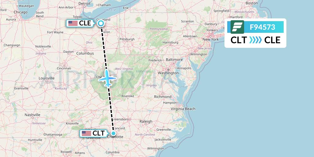 F94573 Frontier Airlines Flight Map: Charlotte to Cleveland