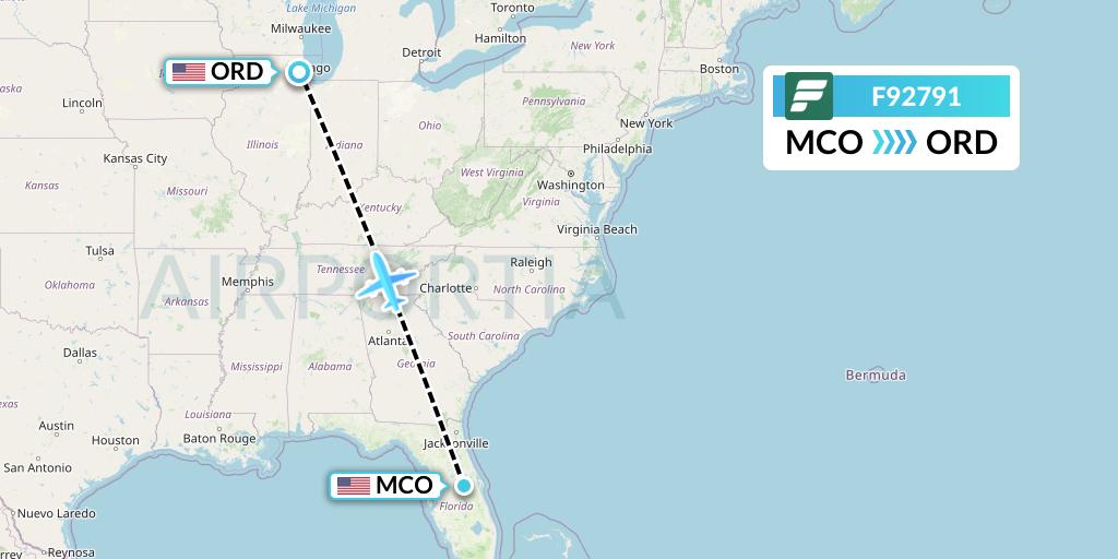 F92791 Frontier Airlines Flight Map: Orlando to Chicago