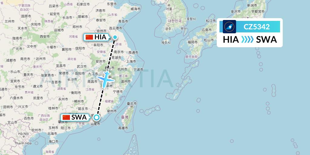 CZ5342 China Southern Airlines Flight Map: Huai'an to Jieyang