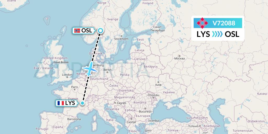 V72088 Volotea Flight Map: Lyon to Oslo