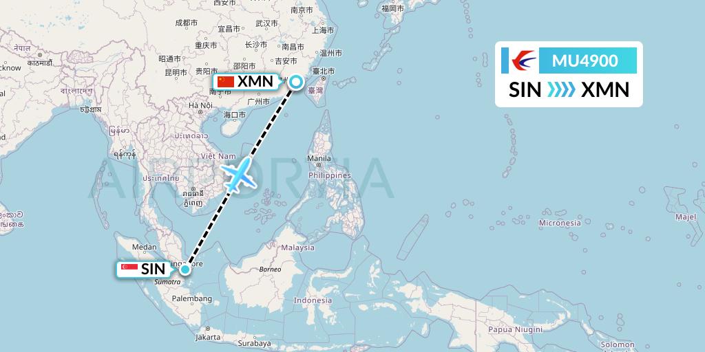 MU4900 China Eastern Airlines Flight Map: Singapore to Xiamen