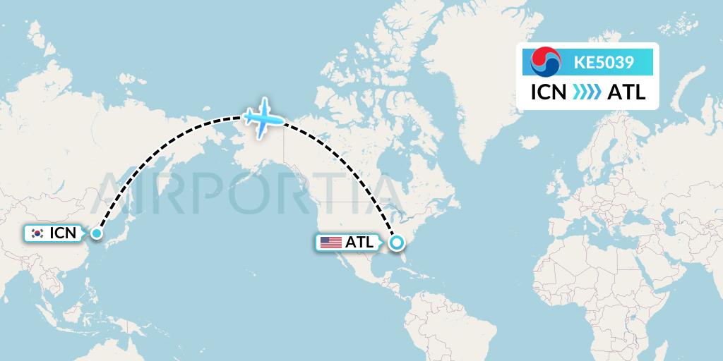 KE5039 Korean Air Flight Map: Seoul to Atlanta
