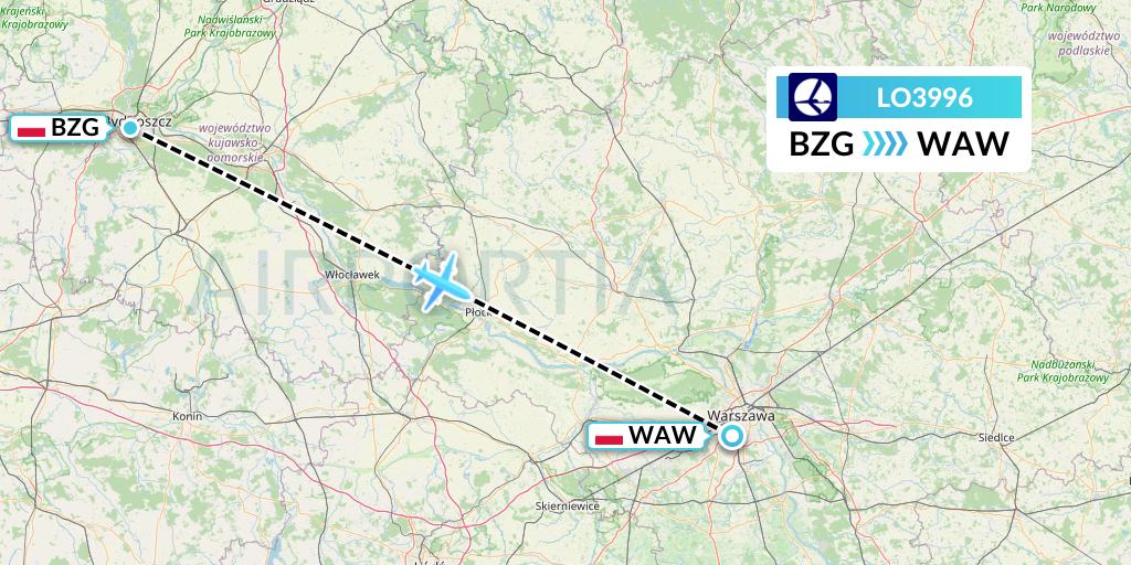 LO3996 LOT Flight Map: Bydgoszcz to Warsaw