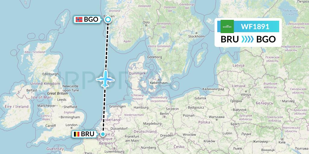 WF1891 Wideroe Flight Map: Brussels to Bergen