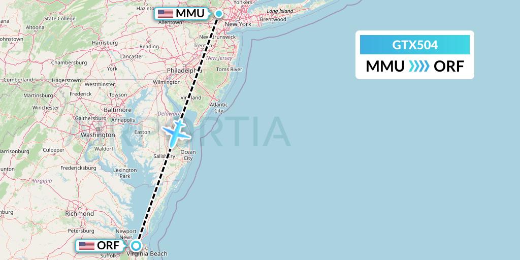 GTX504 GTA Air Flight Map: Morristown to Norfolk