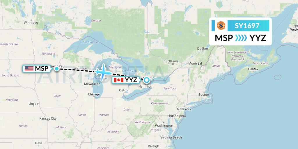 SY1697 Sun Country Airlines Flight Map: Minneapolis to Toronto