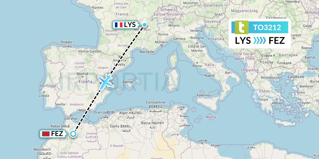 TO3212 Transavia France Flight Map: Lyon to Fes