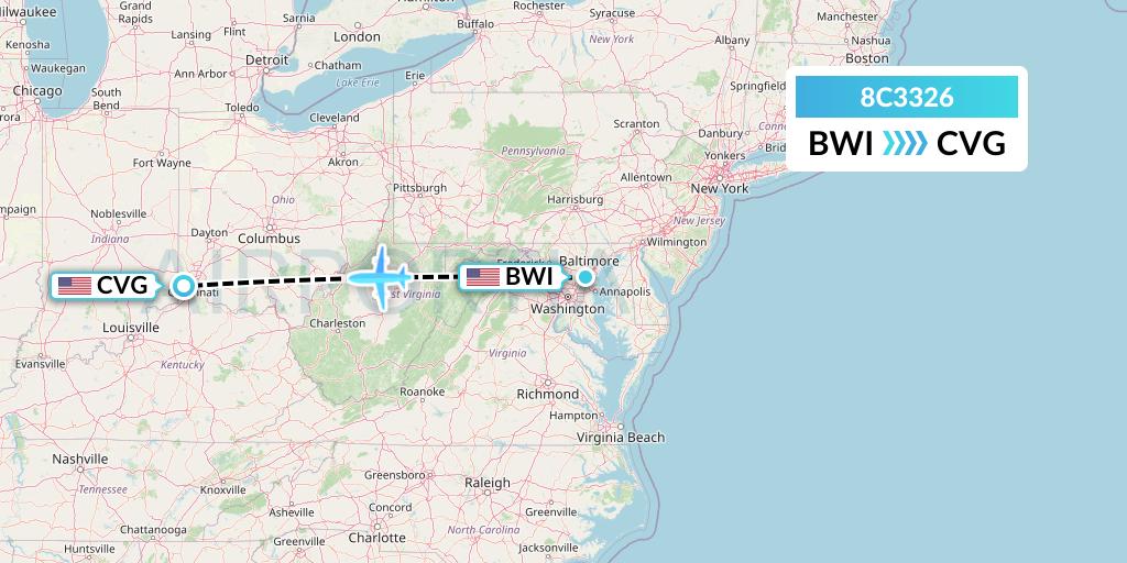 8C3326 Air Transport International Flight Map: Baltimore to Cincinnati
