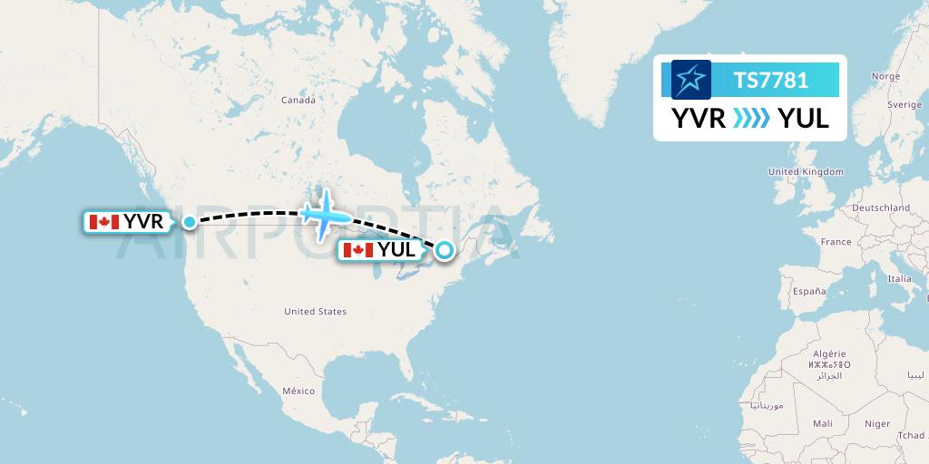 TS7781 Air Transat Flight Map: Vancouver to Montreal