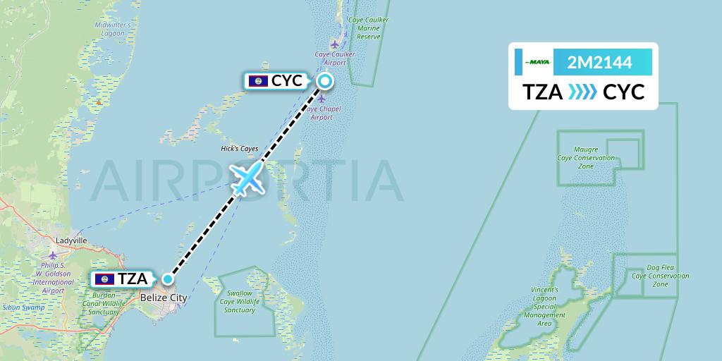 2M2144 Maya Island Air Flight Map: Belize City to Caye Chapel