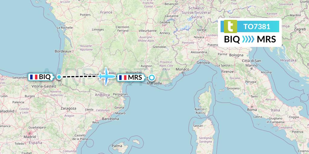 TO7381 Transavia France Flight Map: Biarritz to Marseille