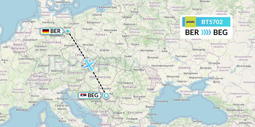 BT5702 Air Baltic Flight Map: Berlin to Belgrade