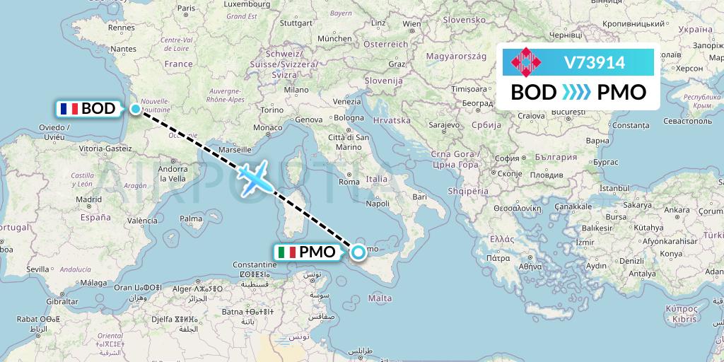 V73914 Volotea Flight Map: Bordeaux to Palermo