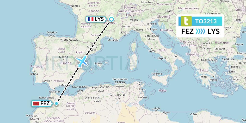TO3213 Transavia France Flight Map: Fes to Lyon
