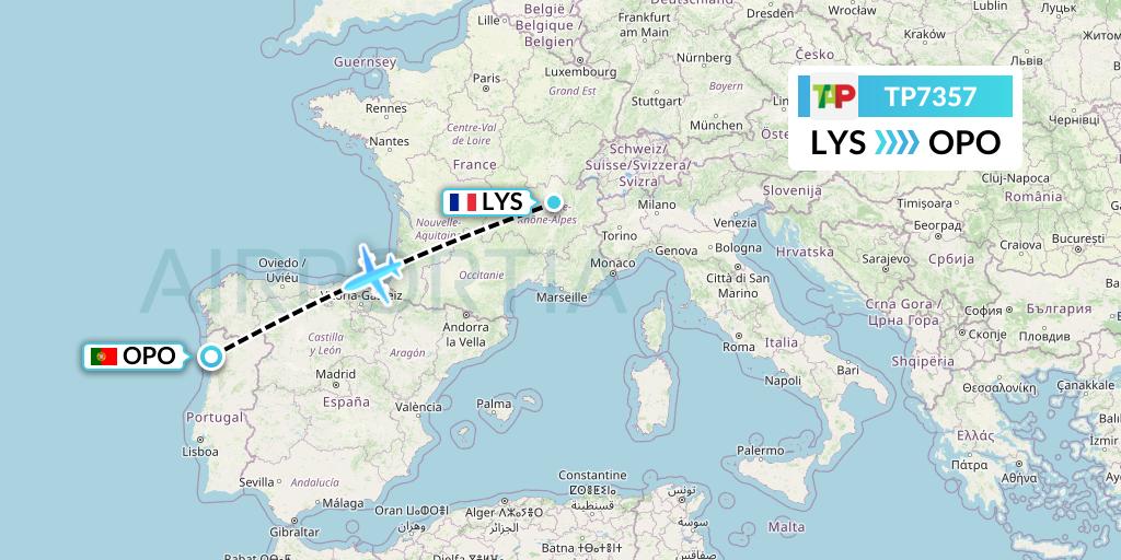 TP7357 TAP Portugal Flight Map: Lyon to Porto
