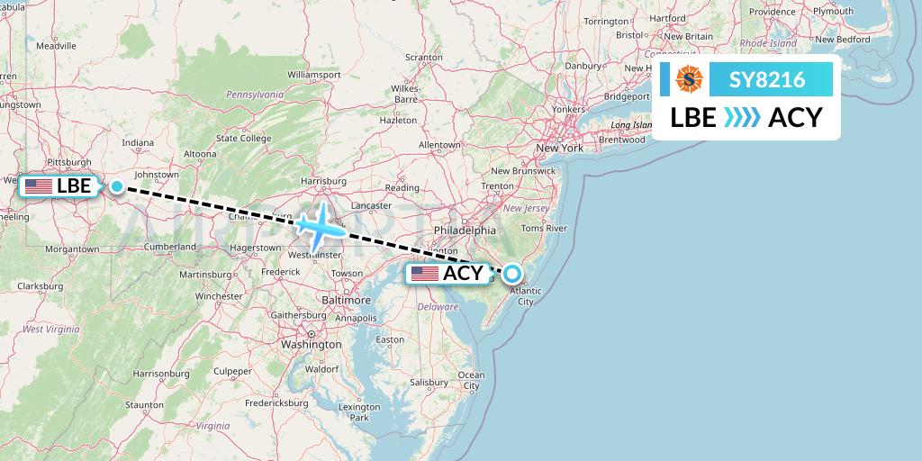 SY8216 Sun Country Airlines Flight Map: Latrobe to Atlantic City