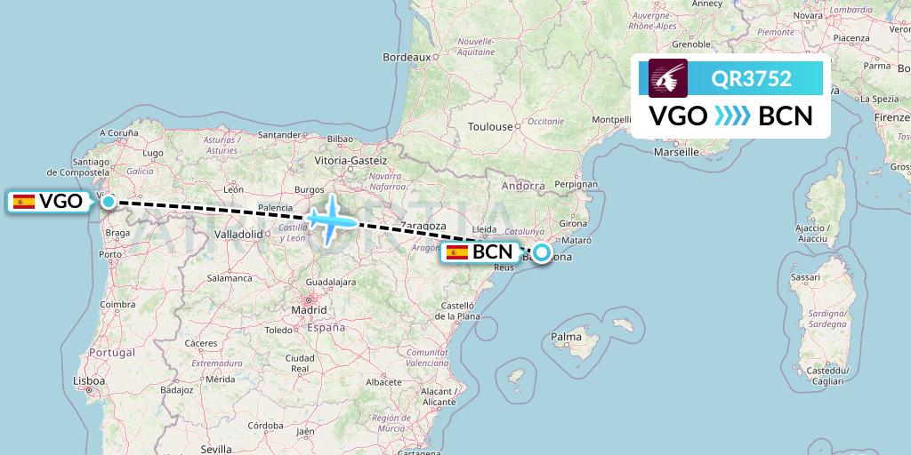 QR3752 Qatar Airways Flight Map: Vigo to Barcelona