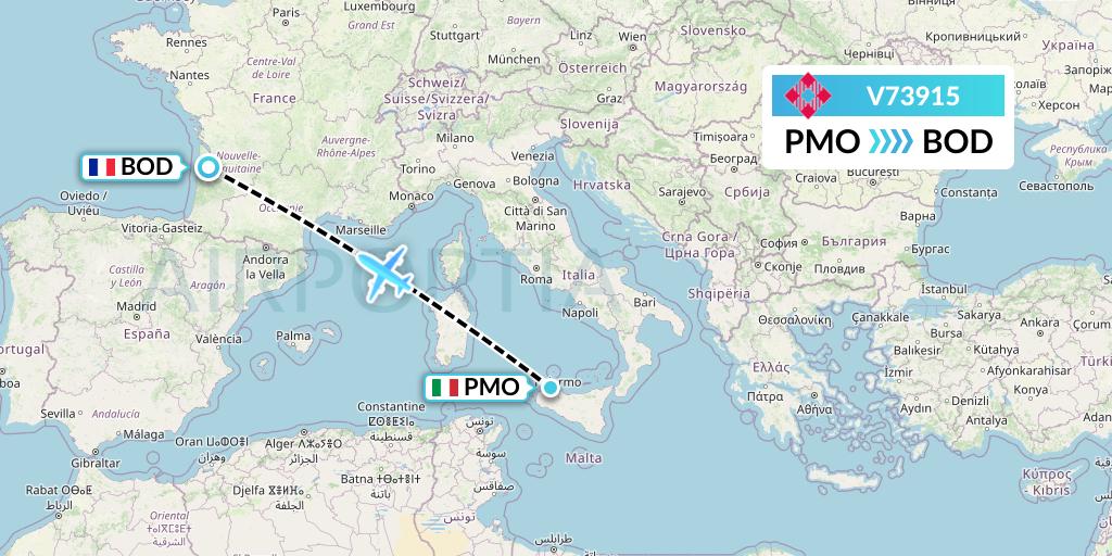 V73915 Volotea Flight Map: Palermo to Bordeaux