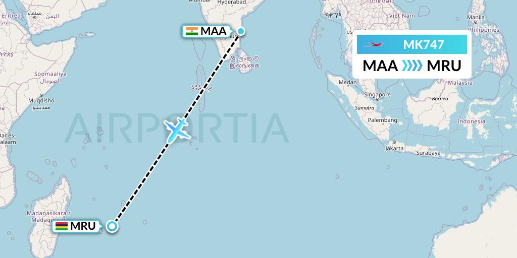 MK747 Air Mauritius Flight Map: Chennai to Port Louis