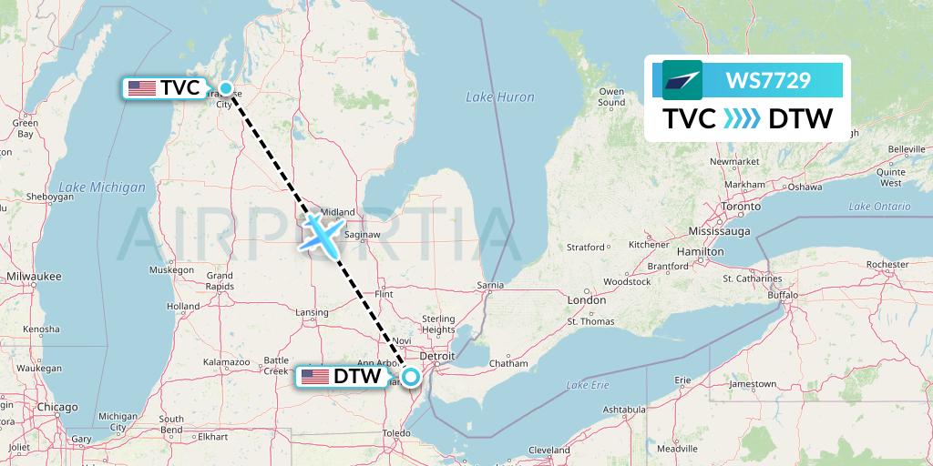 WS7729 WestJet Flight Map: Traverse City to Detroit