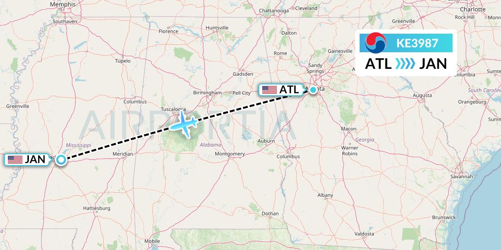 KE3987 Korean Air Flight Map: Atlanta to Jackson