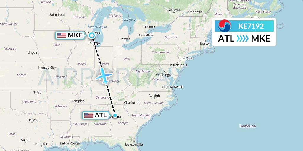 KE7192 Korean Air Flight Map: Atlanta to Milwaukee
