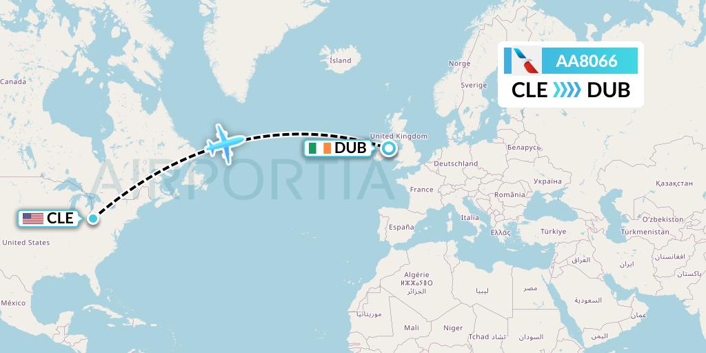 AA8066 American Airlines Flight Map: Cleveland to Dublin
