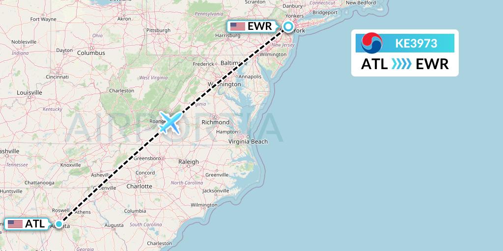 KE3973 Korean Air Flight Map: Atlanta to New York
