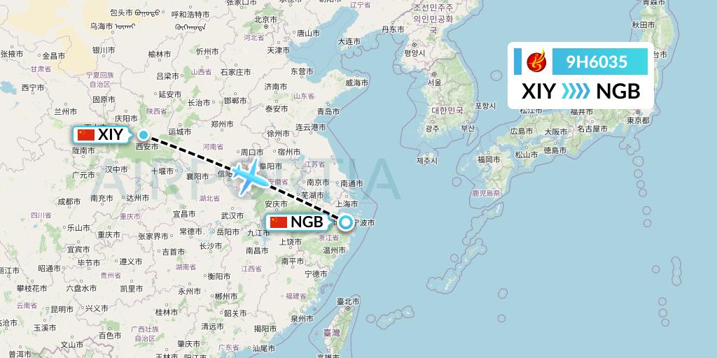 9H6035 Air Changan Flight Map: Xi'an to Ningbo