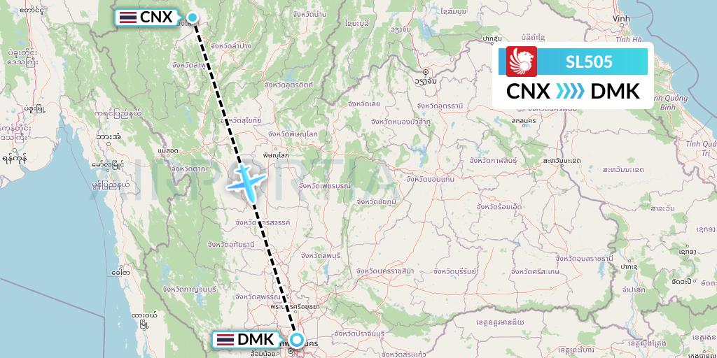SL505 Thai Lion Air Flight Map: Chiang Mai to Bangkok