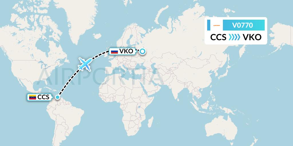V0770 Conviasa Flight Map: Caracas to Moscow