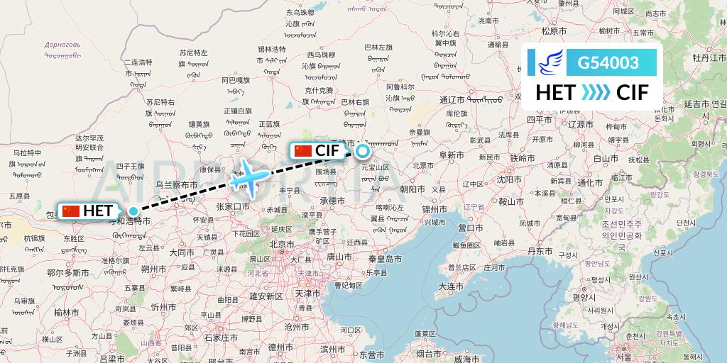G54003 China Express Airlines Flight Map: Hohhot to Chifeng