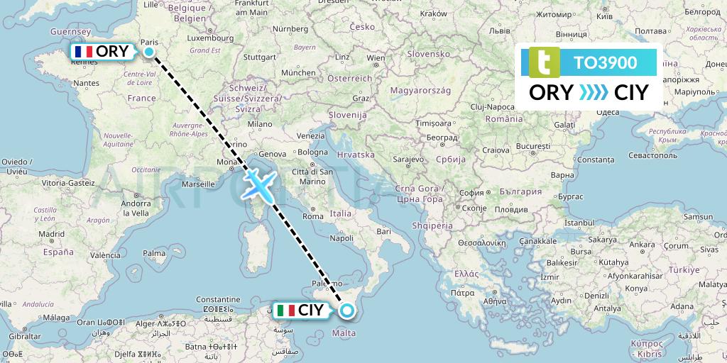 TO3900 Transavia France Flight Map: Paris to Comiso
