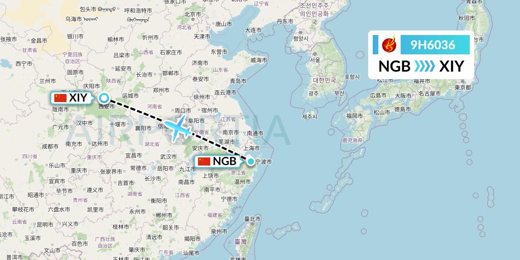 9H6036 Air Changan Flight Map: Ningbo to Xi'an