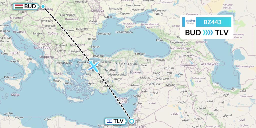 BZ443 Bluebird Airways Flight Map: Budapest to Tel Aviv