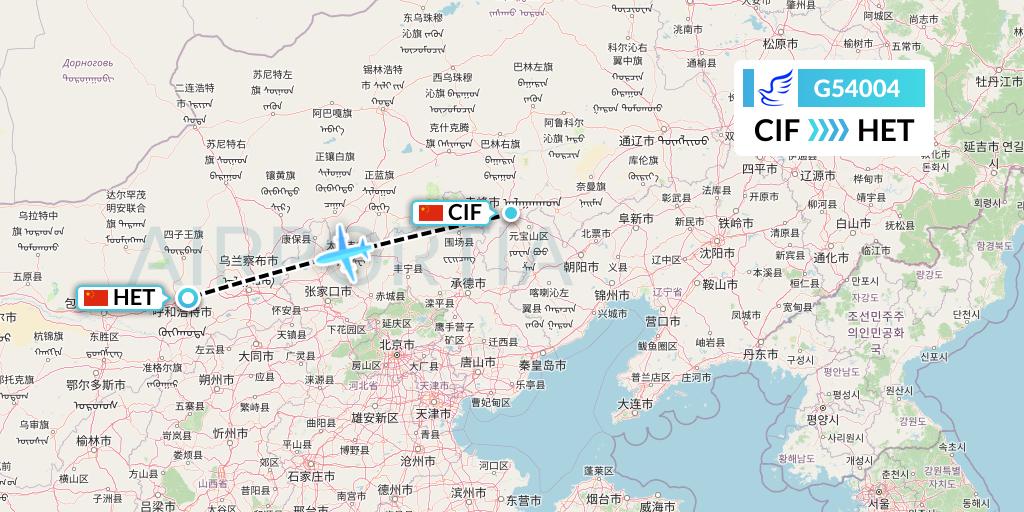 G54004 China Express Airlines Flight Map: Chifeng to Hohhot
