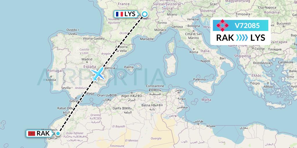 V72085 Volotea Flight Map: Marrakesh to Lyon