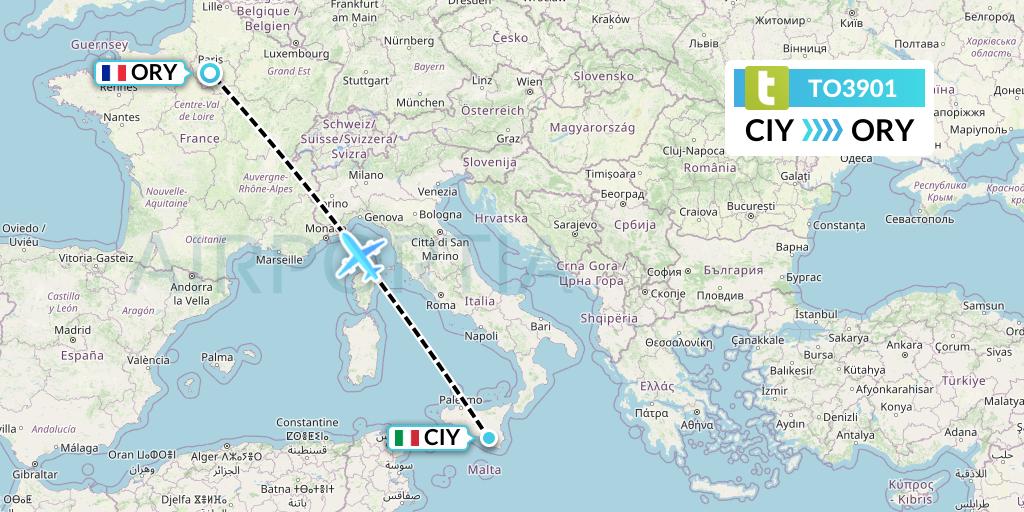 TO3901 Transavia France Flight Map: Comiso to Paris