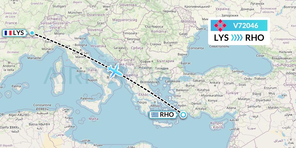 V72046 Volotea Flight Map: Lyon to Rhodes