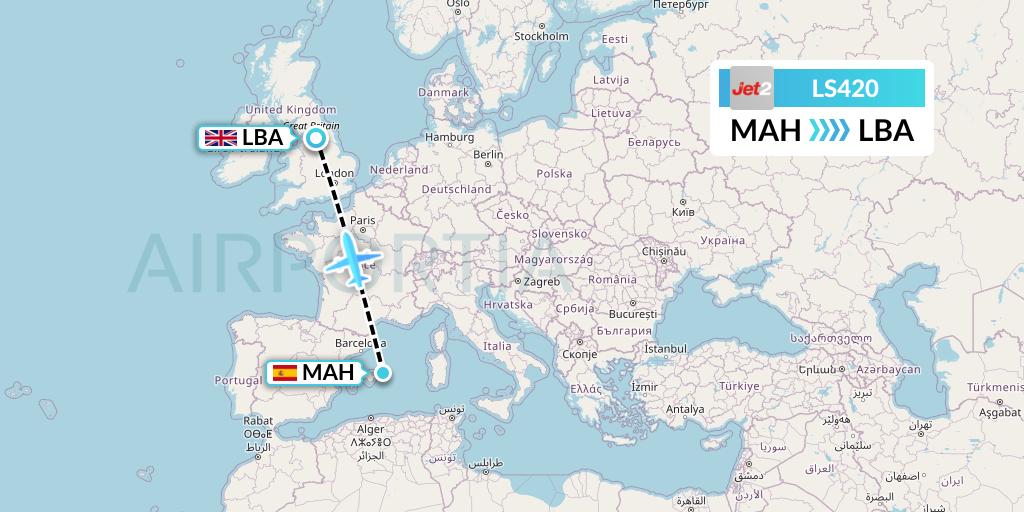 LS420 Jet2 Flight Map: Mahon to Leeds
