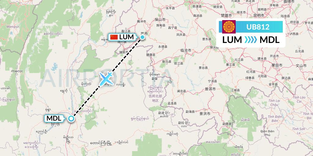 UB812 Myanmar National Airlines Flight Map: Mangshi to Mandalay